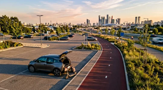 Vue aérienne d'une zone de transition entre parking relais et piste cyclable avec une voiture garée et une trottinette électrique pliée à côté