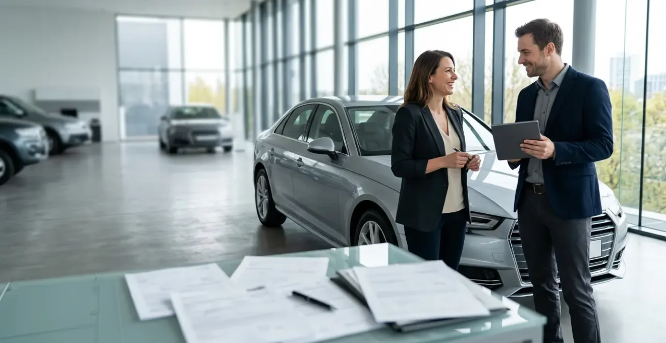 Vendeur professionnel inspectant une voiture dans un showroom moderne avec papiers de vente sur table