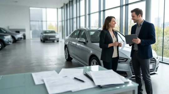 Vendeur professionnel inspectant une voiture dans un showroom moderne avec papiers de vente sur table