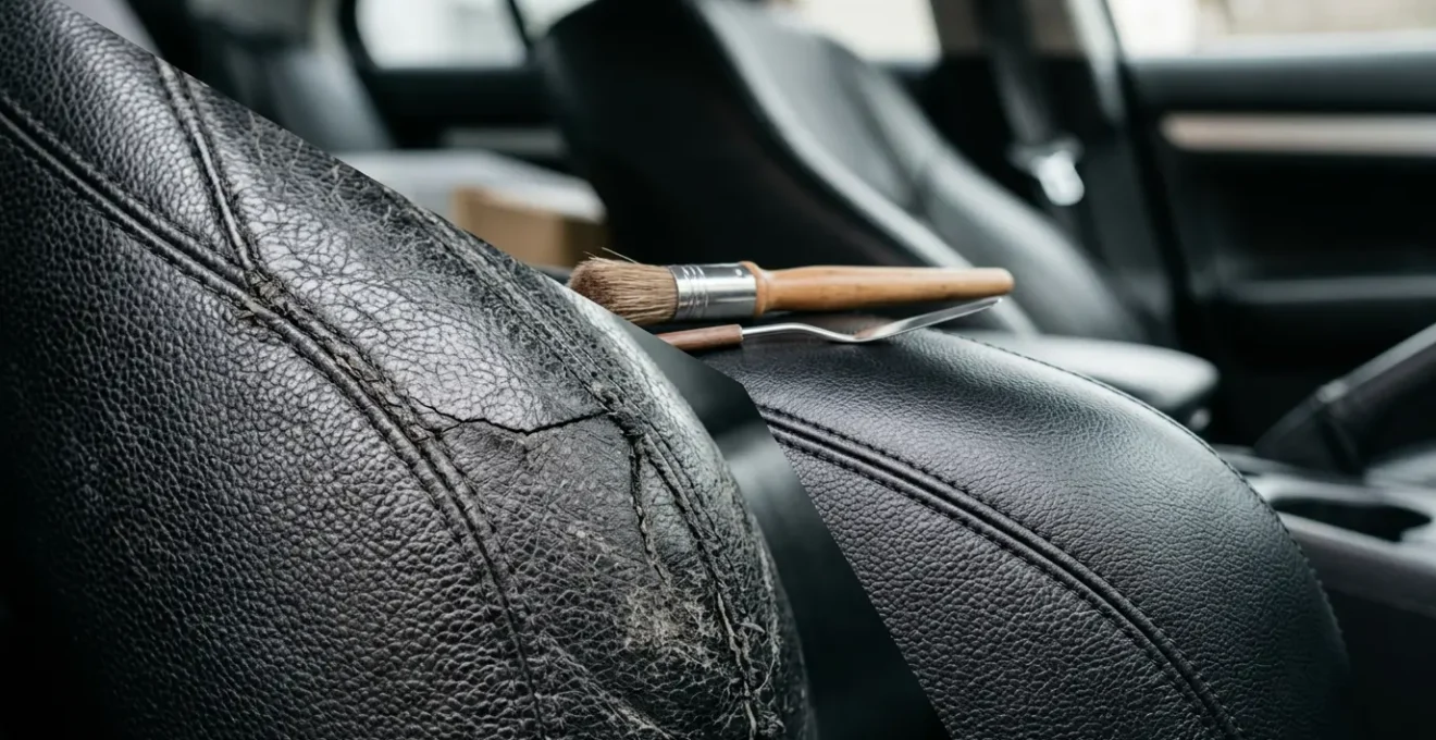Gros plan sur un siège auto en cuir avec une déchirure réparée, montrant les outils de réparation et les mains d'un artisan travaillant minutieusement