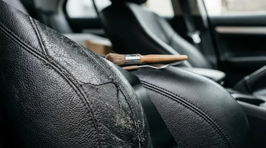 Gros plan sur un siège auto en cuir avec une déchirure réparée, montrant les outils de réparation et les mains d'un artisan travaillant minutieusement