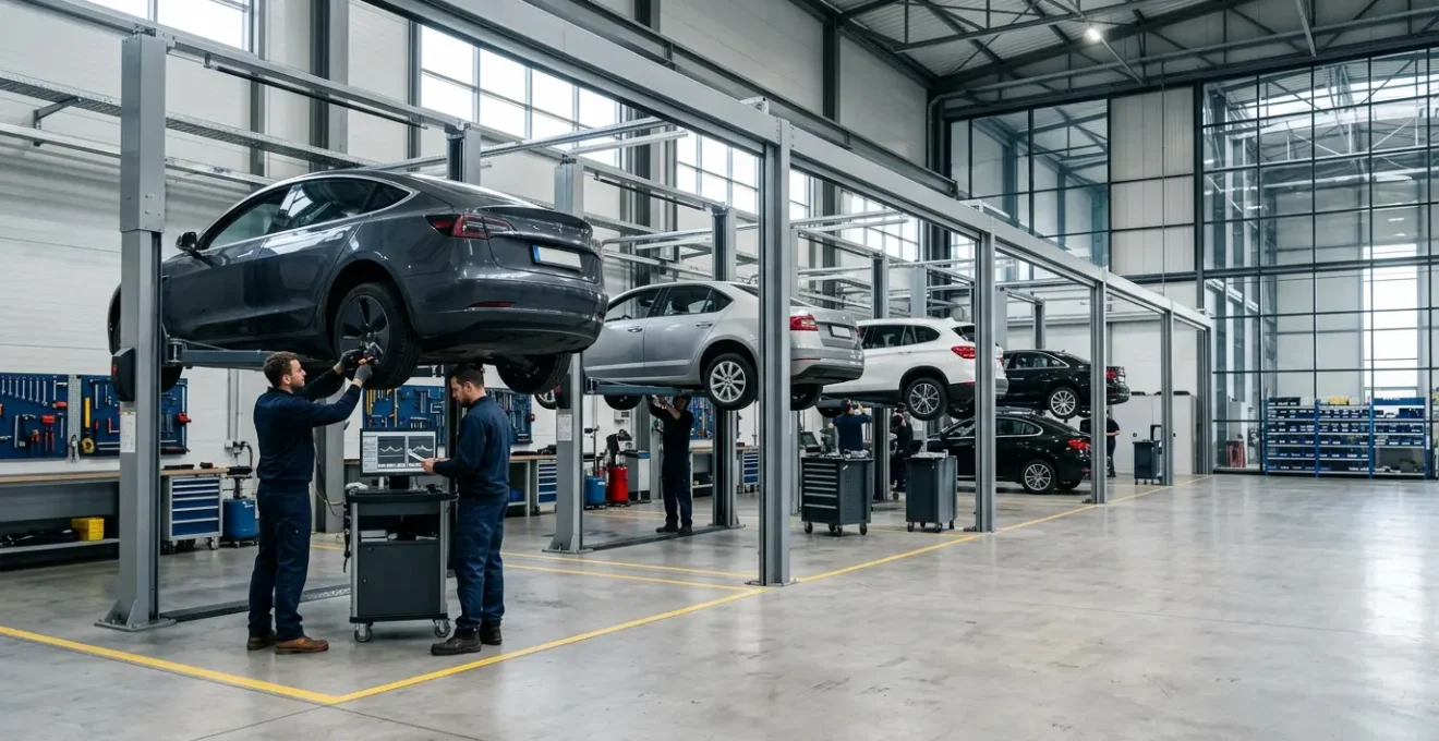 Vue d'ensemble d'un centre automobile moderne avec baies de révision et mécaniciens professionnels au travail
