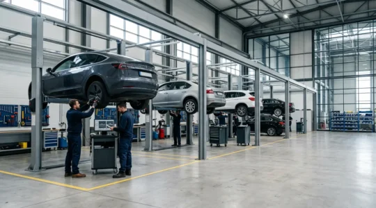 Vue d'ensemble d'un centre automobile moderne avec baies de révision et mécaniciens professionnels au travail