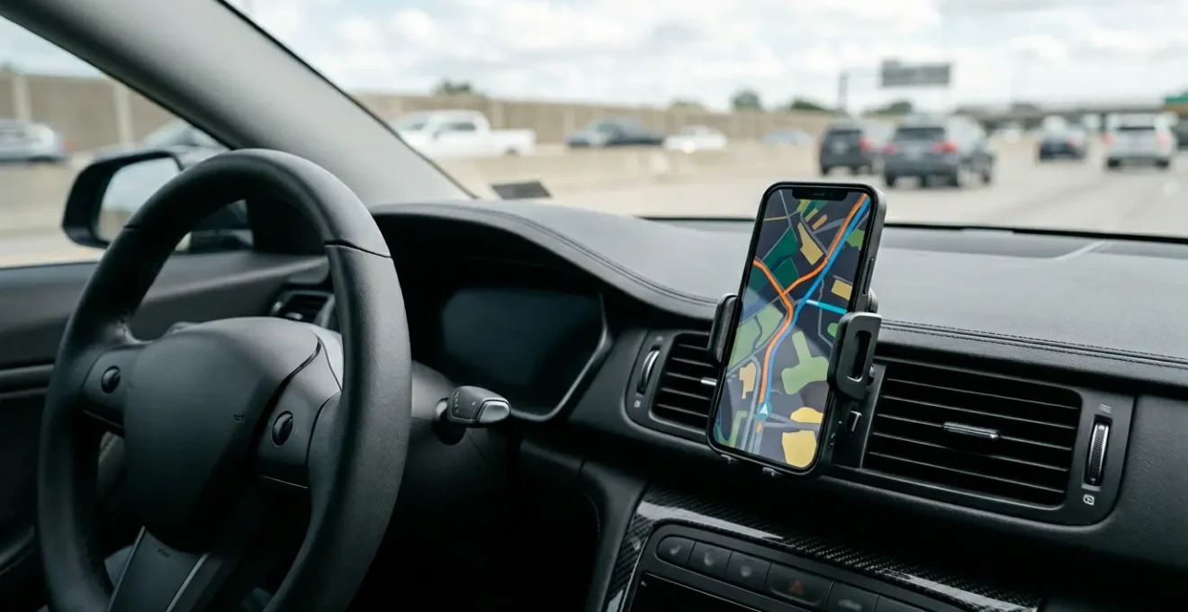 Vue de l'intérieur d'une voiture moderne montrant un support de téléphone fixé sur la grille d'aération avec un smartphone affichant un itinéraire GPS