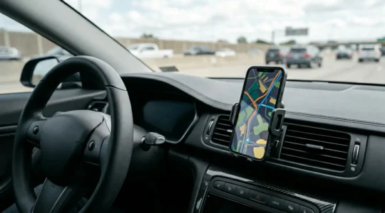 Vue de l'intérieur d'une voiture moderne montrant un support de téléphone fixé sur la grille d'aération avec un smartphone affichant un itinéraire GPS