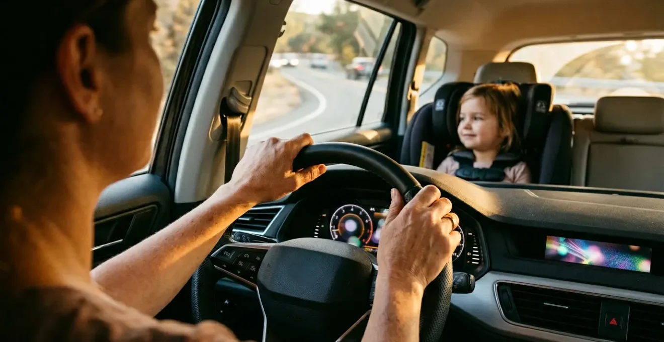 Famille en voiture avec systèmes de sécurité actifs ABS ESP AFU en action