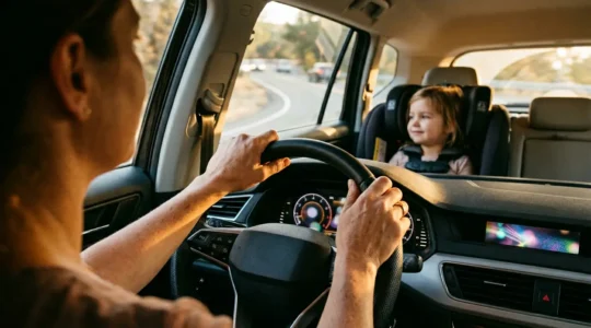 Famille en voiture avec systèmes de sécurité actifs ABS ESP AFU en action