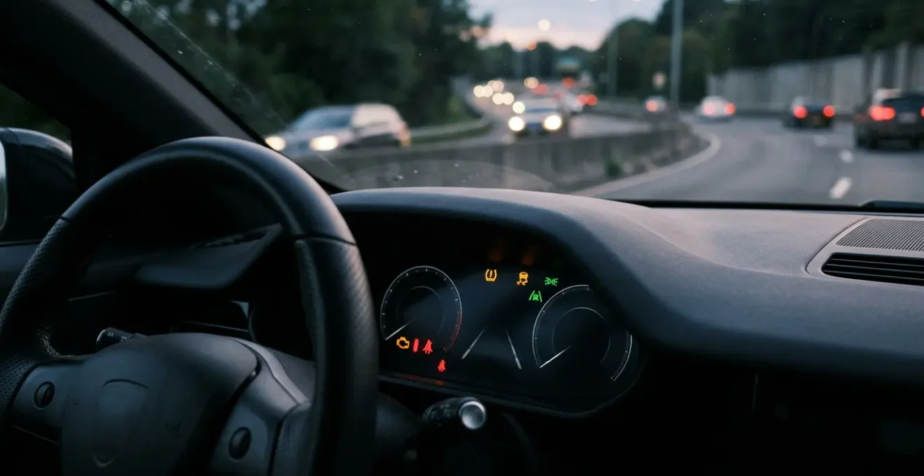 Vue frontale d'un tableau de bord automobile moderne avec voyants multicolores allumés en situation d'alerte