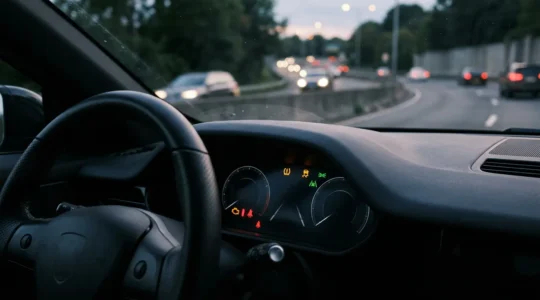 Vue frontale d'un tableau de bord automobile moderne avec voyants multicolores allumés en situation d'alerte