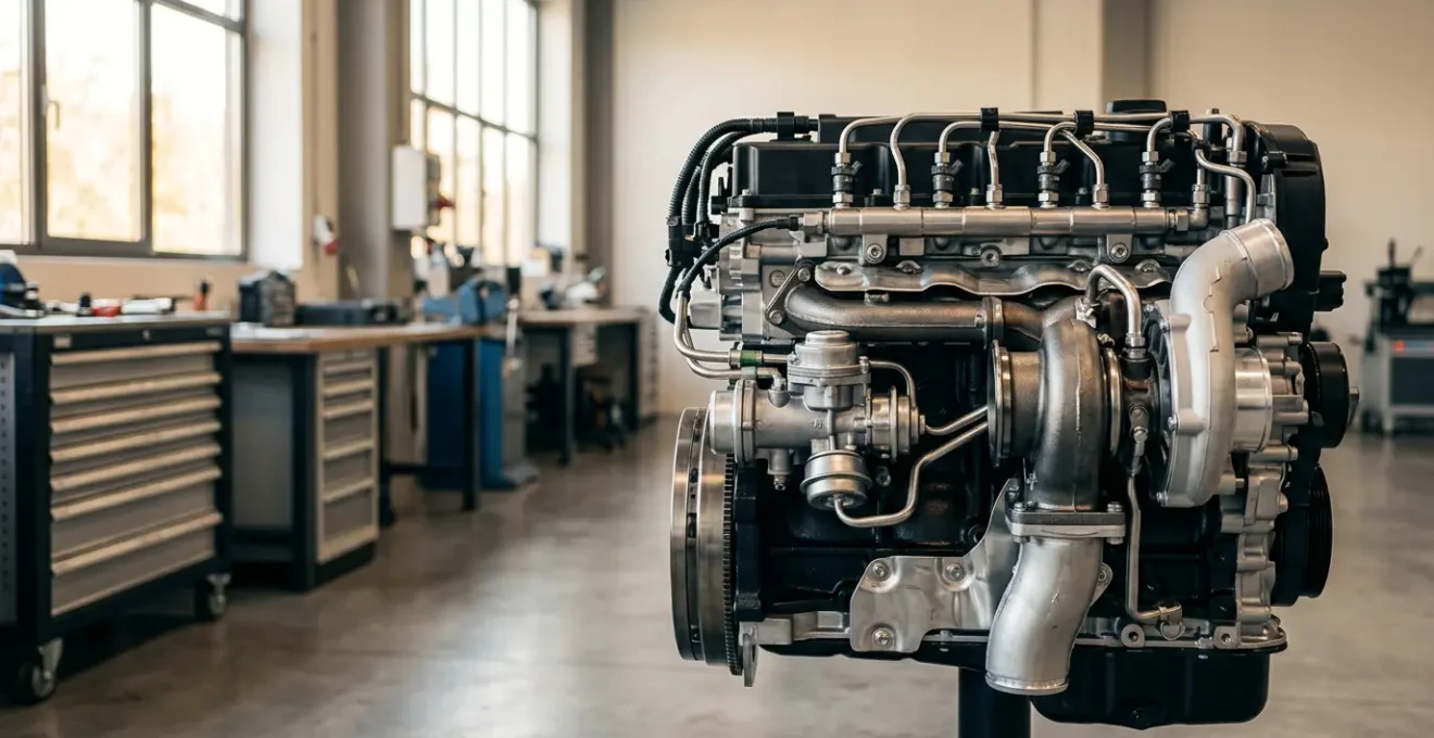 Coupe transversale d'un turbocompresseur et système d'injection diesel avec composants mécaniques visibles