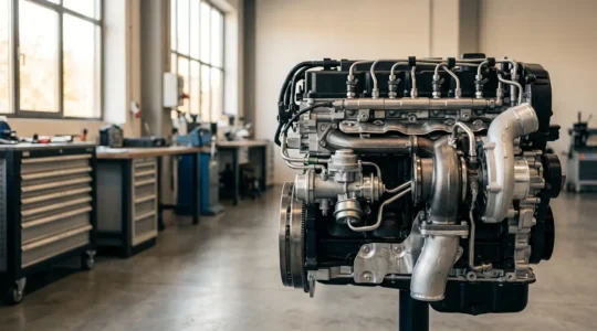Coupe transversale d'un turbocompresseur et système d'injection diesel avec composants mécaniques visibles