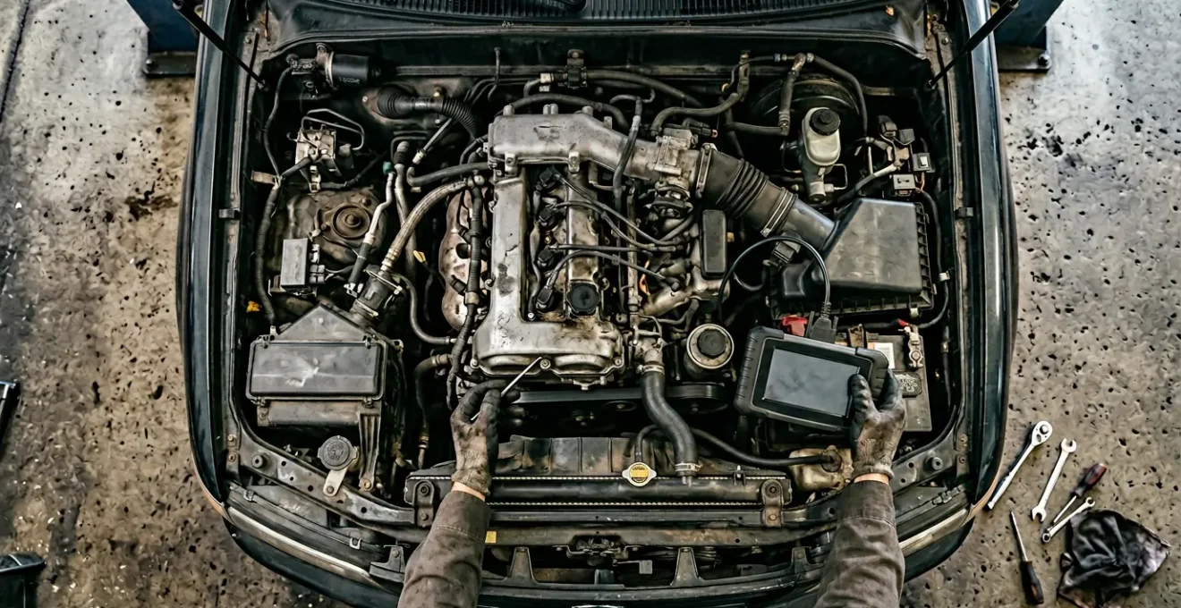 Vue en plongée d'un moteur automobile en cours d'inspection avec des outils d'expertise et des éléments mécaniques visibles