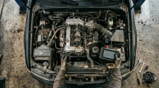 Vue en plongée d'un moteur automobile en cours d'inspection avec des outils d'expertise et des éléments mécaniques visibles