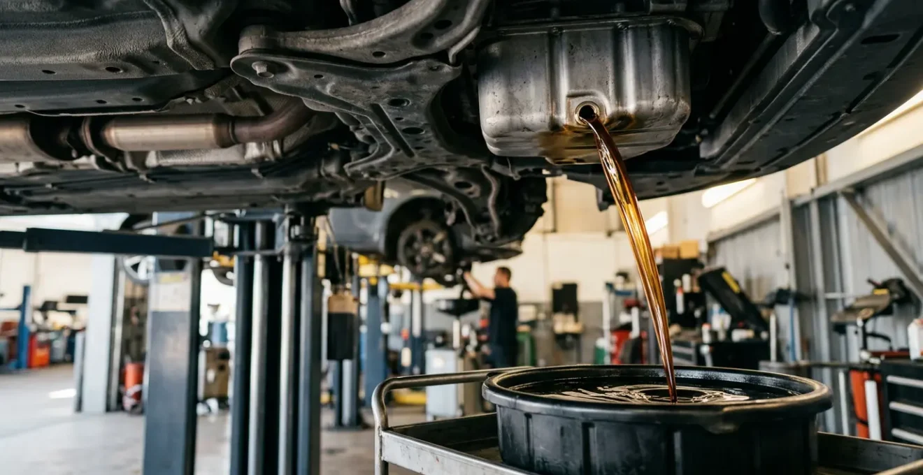Vue rapprochée d'un carter moteur pendant une vidange avec l'huile usagée s'écoulant