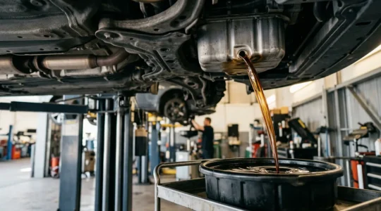 Vue rapprochée d'un carter moteur pendant une vidange avec l'huile usagée s'écoulant