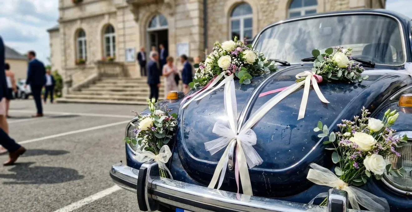Voiture décorée de rubans et fleurs pour un mariage, garée devant une mairie, couple visible de dos en arrière-plan flou