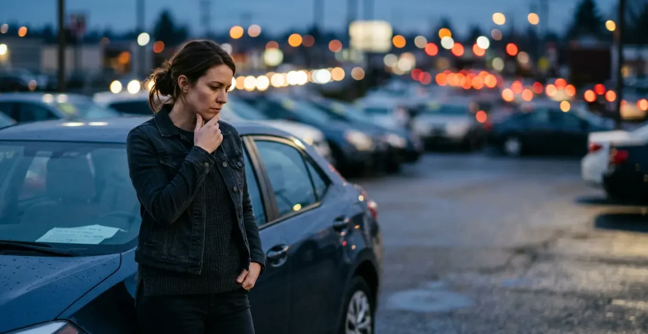 Réflexion d'un acheteur face à une voiture d'occasion dans un environnement économique incertain