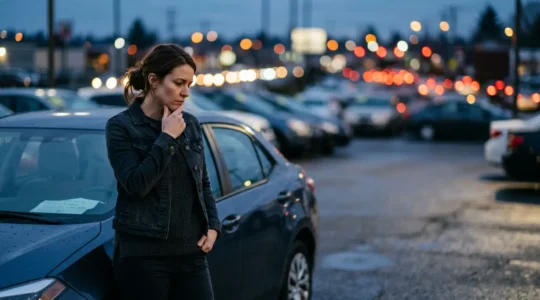Réflexion d'un acheteur face à une voiture d'occasion dans un environnement économique incertain