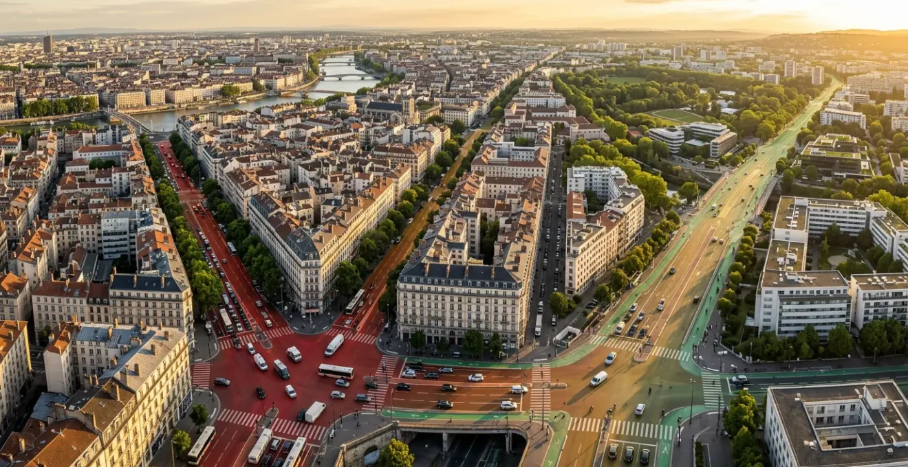 Vue aérienne d'une métropole française avec zones colorées représentant les restrictions de circulation ZFE