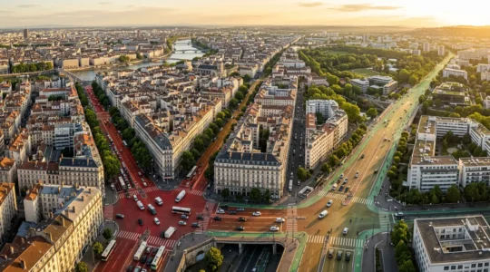 Vue aérienne d'une métropole française avec zones colorées représentant les restrictions de circulation ZFE