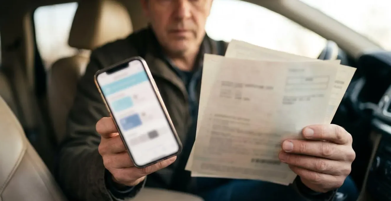 Mains examinant des documents automobiles avec analyse comparative sur téléphone