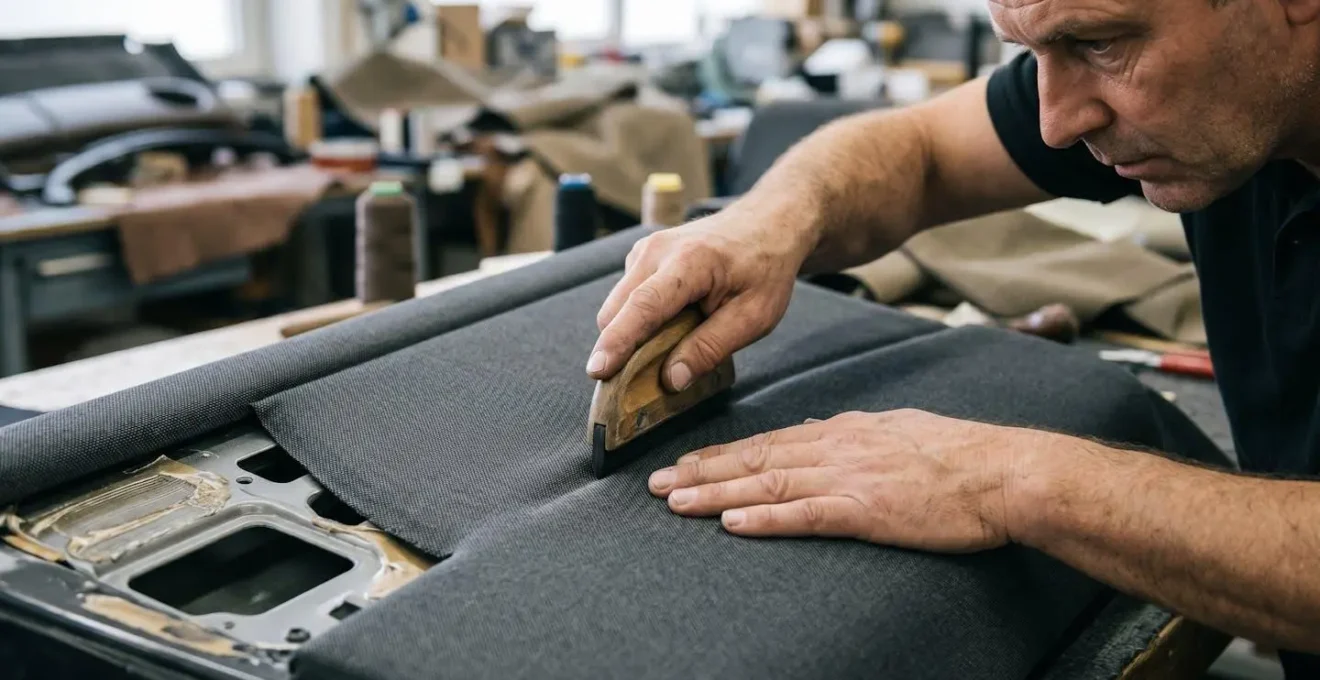 Mains appliquant un tissu sur une contreporte automobile avec une spatule marouflette, montrant le mouvement du centre vers les bords
