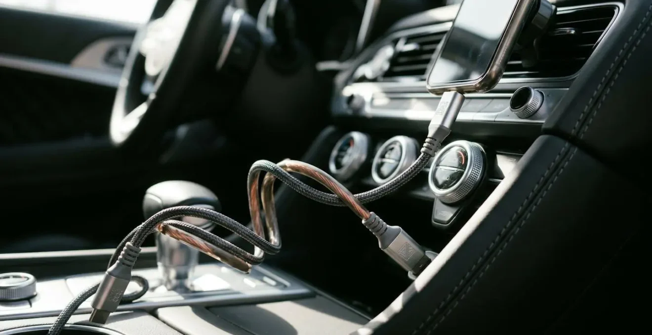 Vue détaillée d'un câble de charge automobile de qualité avec ses connecteurs et certification visible