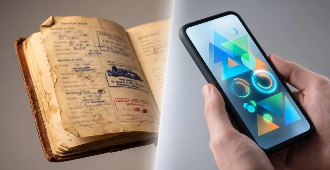Smartphone affichant une interface numérique floue à côté d'un carnet papier avec tampons