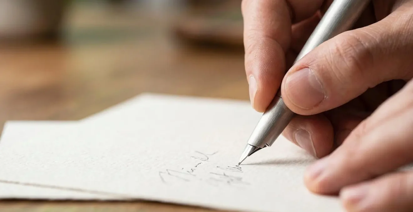 Photo macro montrant des mains signant un document avec stylo, focus sur le geste de signature