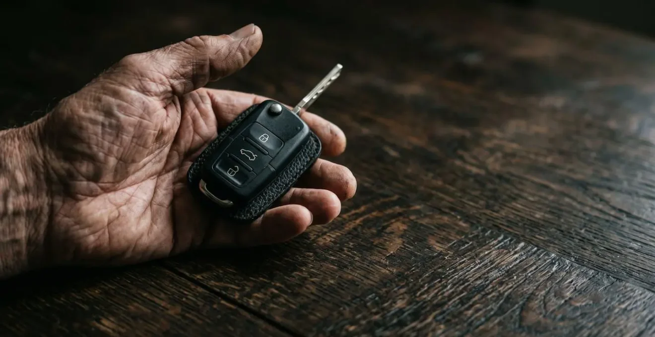Main tenant une clé de voiture unique avec espace vide suggérant l'absence du double