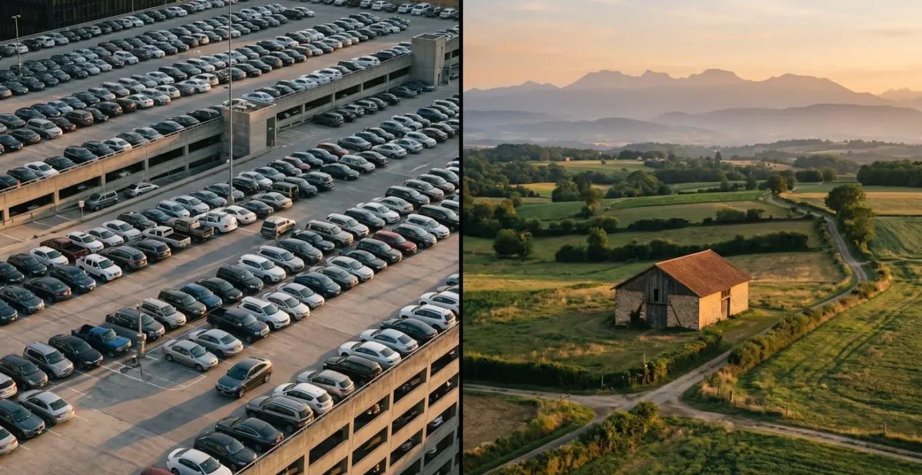 Vue aérienne contrastant un parking urbain dense et un garage rural isolé