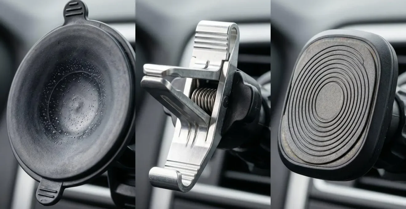 Gros plan sur trois types de supports téléphone pour voiture montrant leurs mécanismes de fixation différents