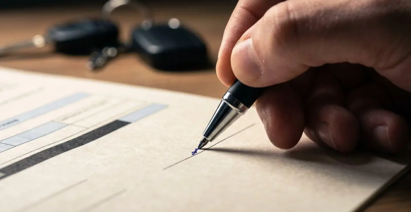 Main signant un contrat de vente automobile avec stylo, vue macro sur la signature