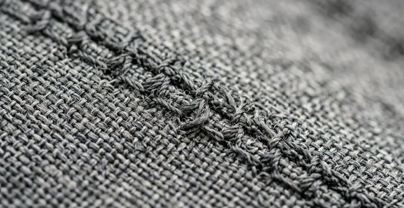 Gros plan macro sur une couture spéciale de housse de siège conçue pour se rompre lors du déploiement de l'airbag