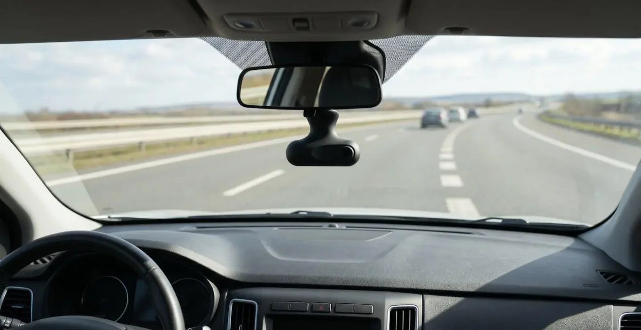 Dashcam installée sur le pare-brise d'une voiture filmant la route