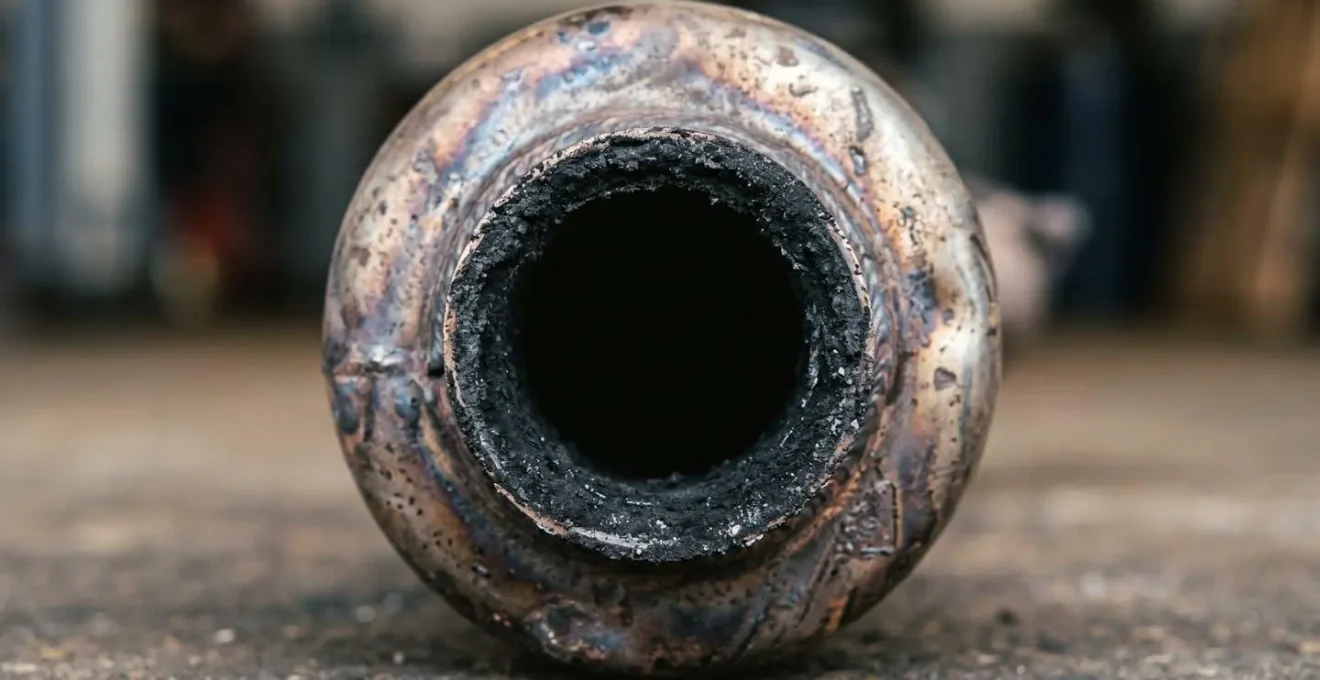 Gros plan sur un pot d'échappement diesel avec analyse des fumées en cours