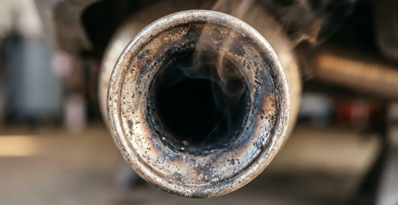 Gros plan macro sur un pot d'échappement avec vapeurs visibles et textures métalliques détaillées