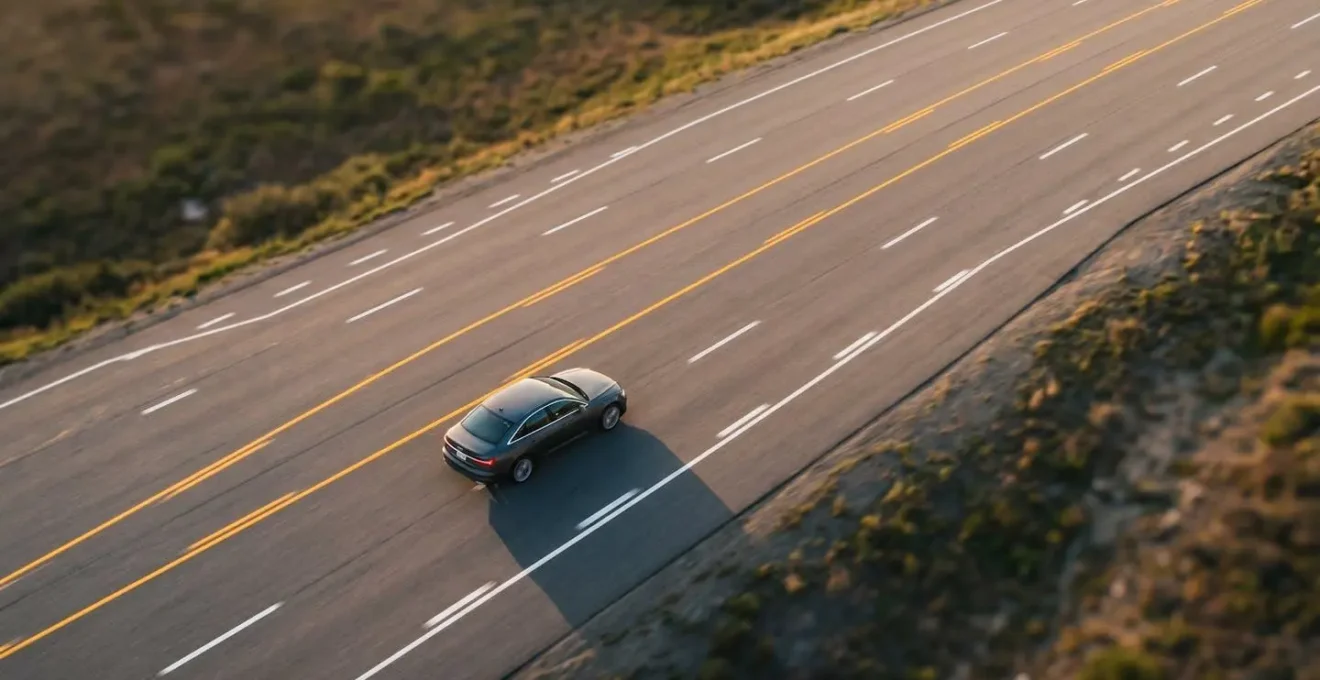 Vue aérienne minimaliste d'une autoroute avec une voiture diesel moderne en mouvement fluide