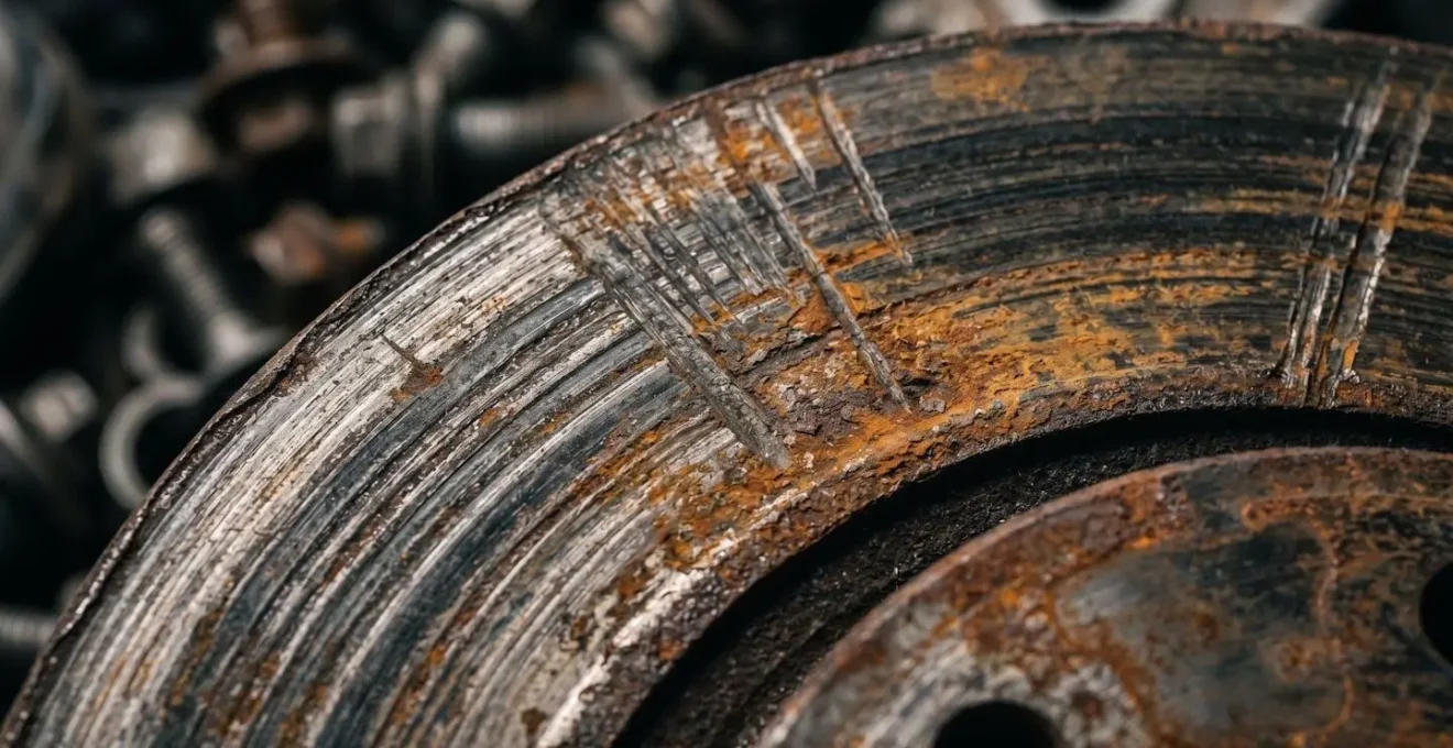 Gros plan sur une pièce mécanique automobile montrant des signes d'usure progressive