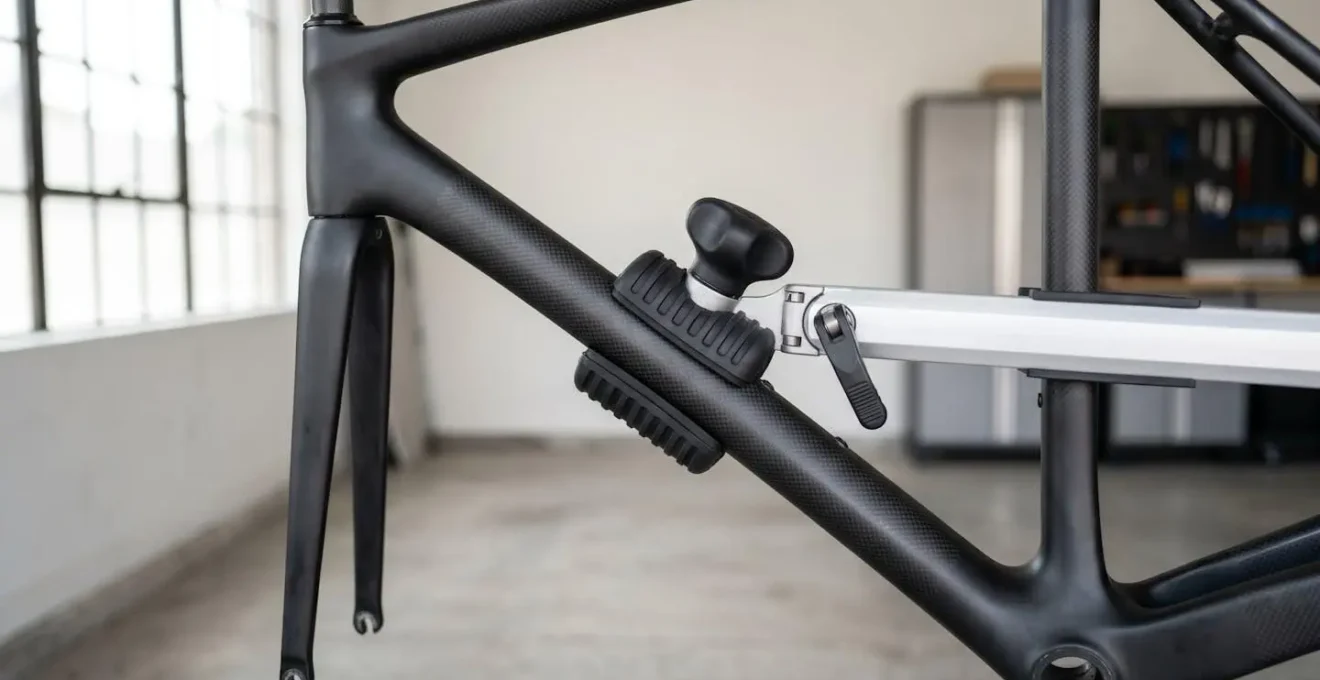 Système de fixation avec bras à limiteur de couple maintenant un vélo en carbone