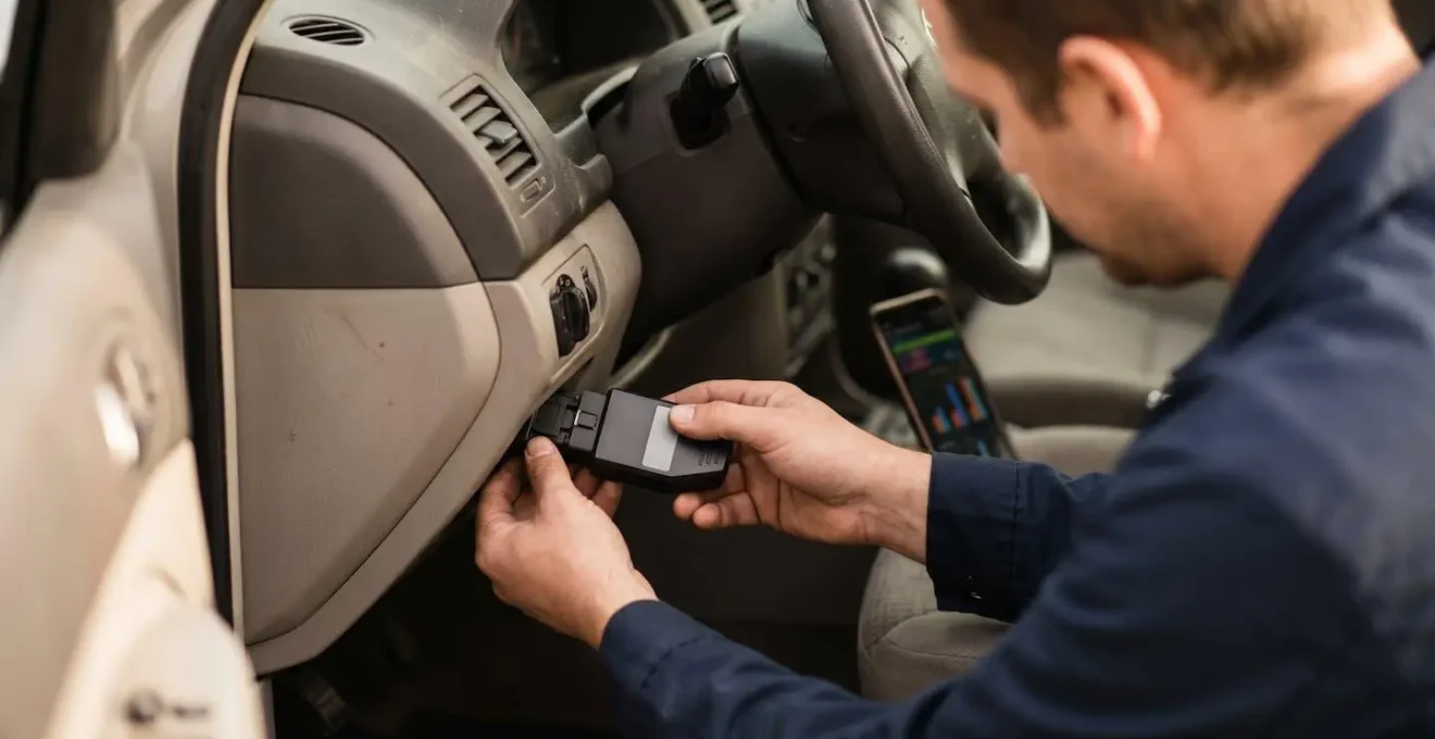 Main connectant un lecteur OBD sous le tableau de bord avec écran smartphone affichant des données moteur