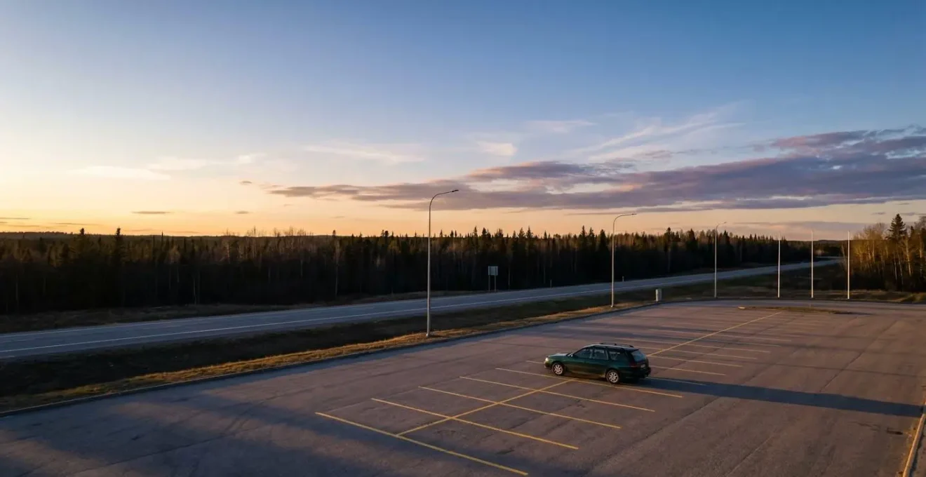 Aire de repos d'autoroute au crépuscule avec voiture stationnée