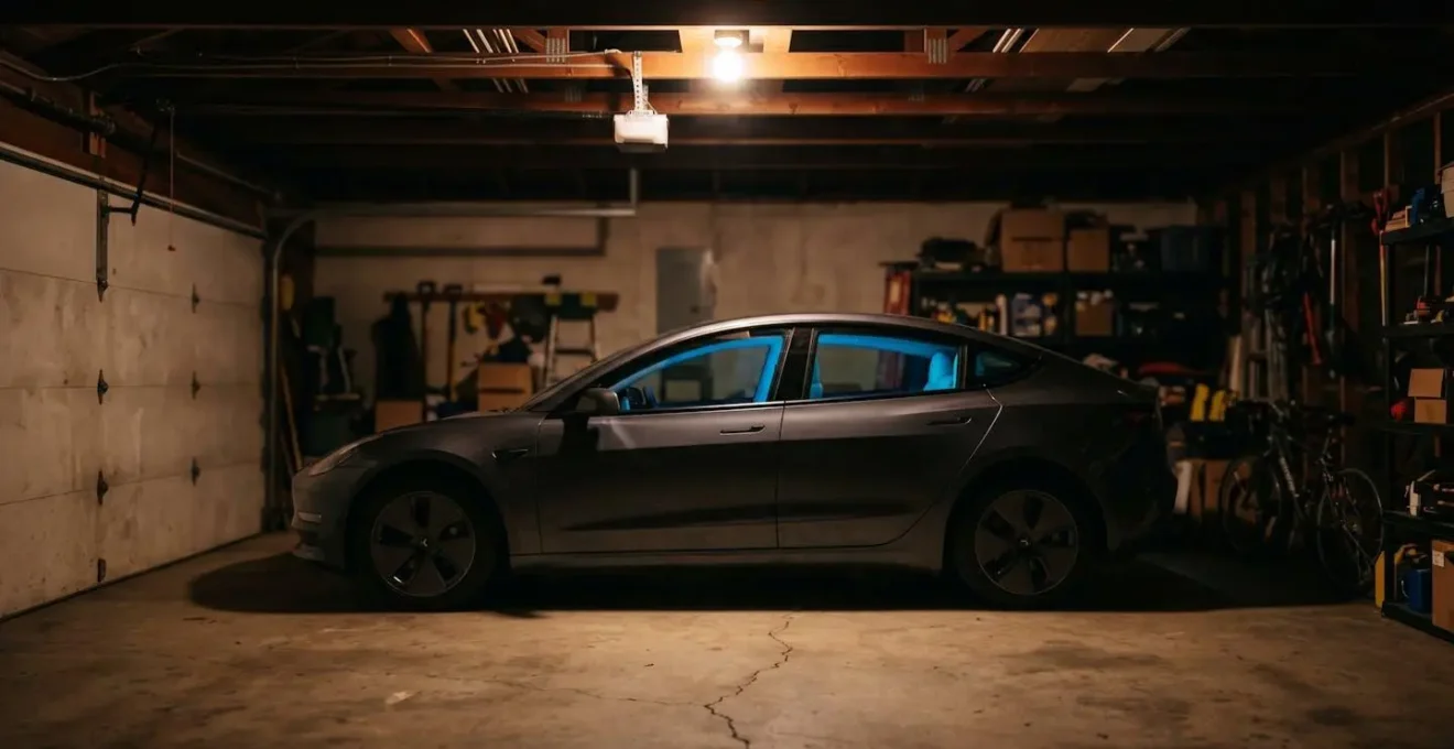 Voiture moderne dans garage la nuit pendant mise à jour système