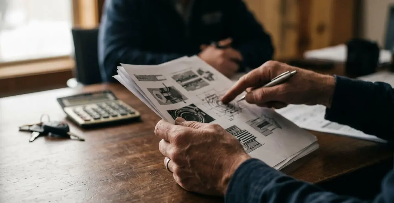 Mains tenant des documents d'expertise automobile sur une table de négociation avec calculatrice
