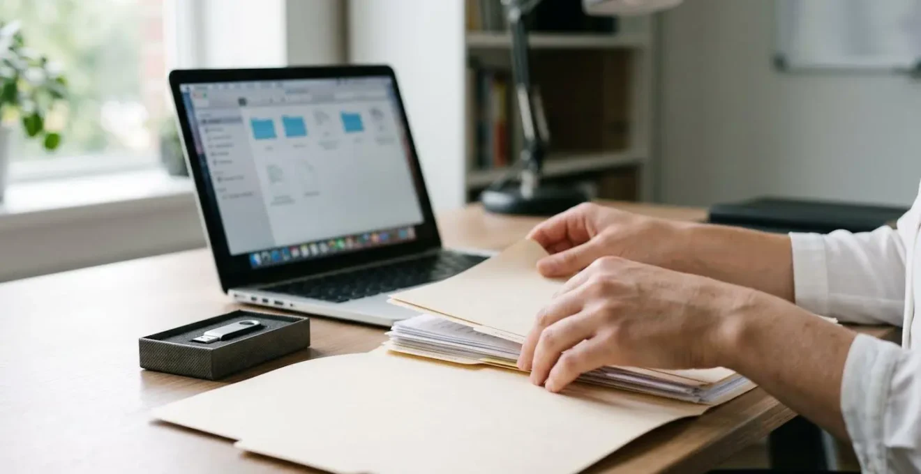 Bureau avec ordinateur portable montrant une structure de dossiers organisée