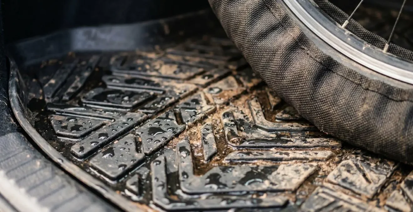 Coffre de voiture avec tapis en caoutchouc à rebords et vélo pliant dans une housse de protection