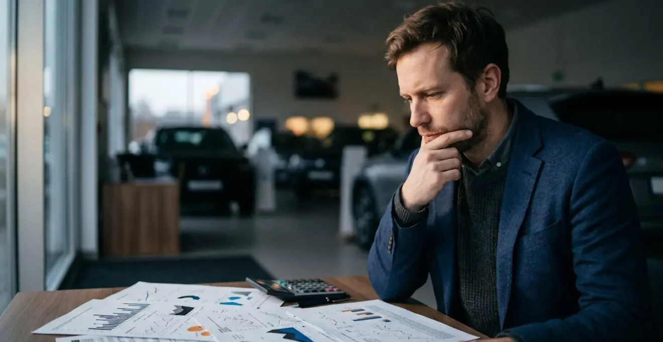 Acheteur automobile pensif examinant des documents avec une calculatrice