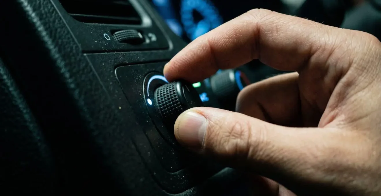 Main ajustant une molette de réglage d'intensité lumineuse sur tableau de bord en conduite de nuit