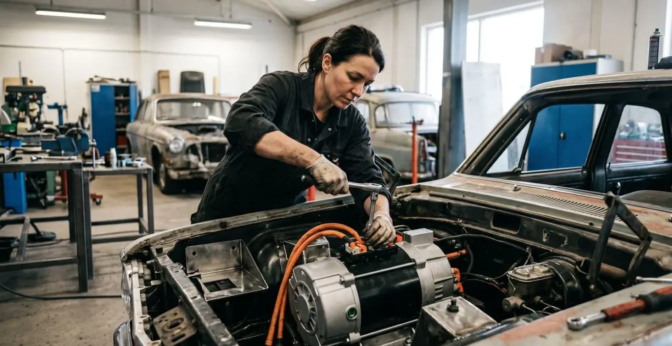 Atelier de conversion rétrofit montrant un véhicule ancien en cours de transformation électrique