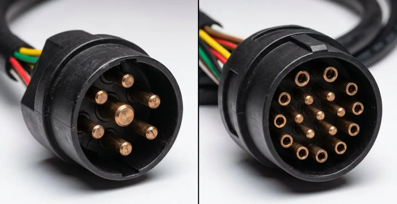 Schéma technique montrant la différence entre une prise 7 broches et 13 broches avec les câbles de connexion